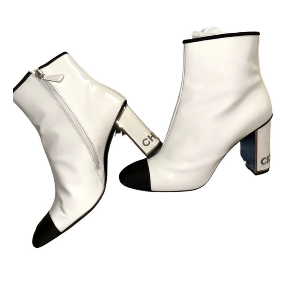 Chanel Logo Black and White Patent Leather Boots